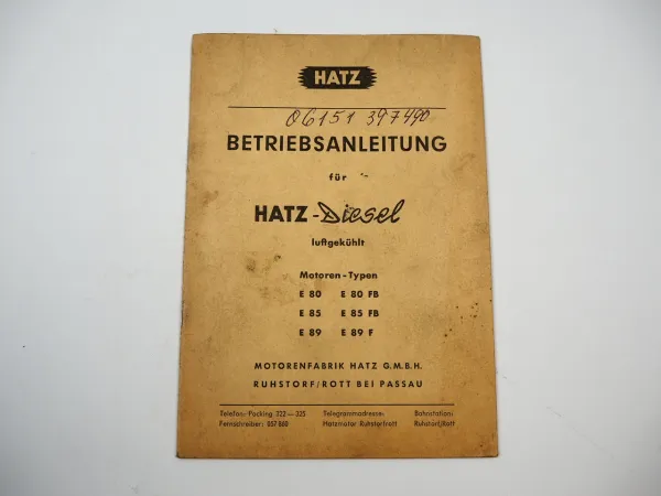 Hatz E80 E85 E89 FB F Dieselmotor Betriebsanleitung 1960