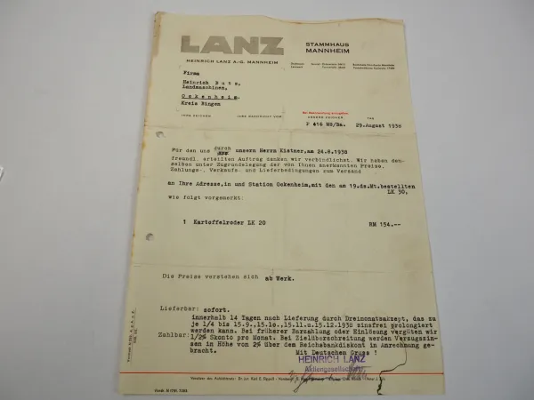 Heinrich Lanz Mannheim Briefbogen 1938 Auftrag über einen Kartoffelroder LK20