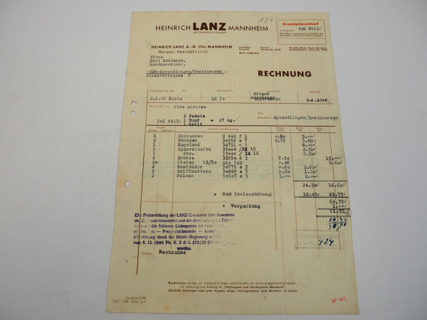 Heinrich Lanz Mannheim Rechnung 1948 Landmaschinen Ersatzteile