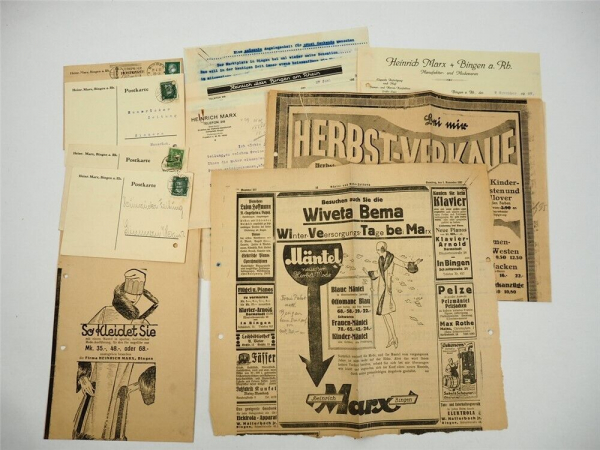 Heinrich Marx Bingen Modewaren Posten Firmenbelege Zeitungswerbung ca. 1928