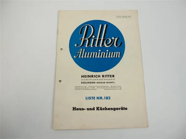 Heinrich Ritter Aluminiumwarenfabrik Esslingen Neckar Küchengeräte Katalog 1951