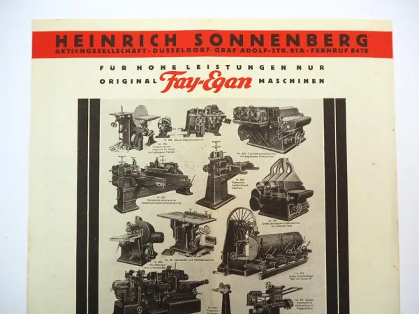 Heinrich Sonnenberg AG Düsseldorf Fay Egan USA Maschinen Prospekt 1930er J.