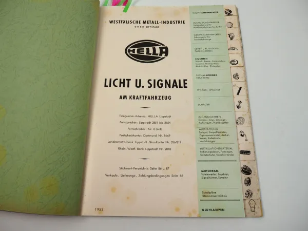 Hella Licht und Signale am KFZ Katalog 1953 Scheinwerfer Leuchten Schalter