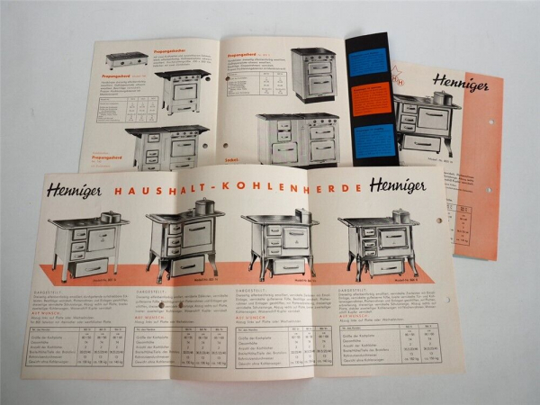 Henniger Küchenherd Kohle Gas 4x Prospekt 1950er Jahre