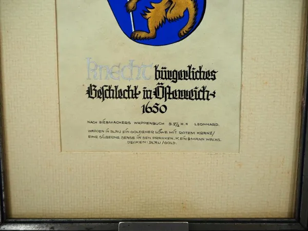 Heraldik handgemaltes Wappen Fam. Knecht Österreich 1650 Siebmachers Wappenbuch