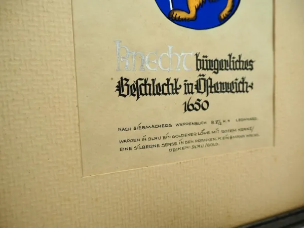 Heraldik handgemaltes Wappen Fam. Knecht Österreich 1650 Siebmachers Wappenbuch