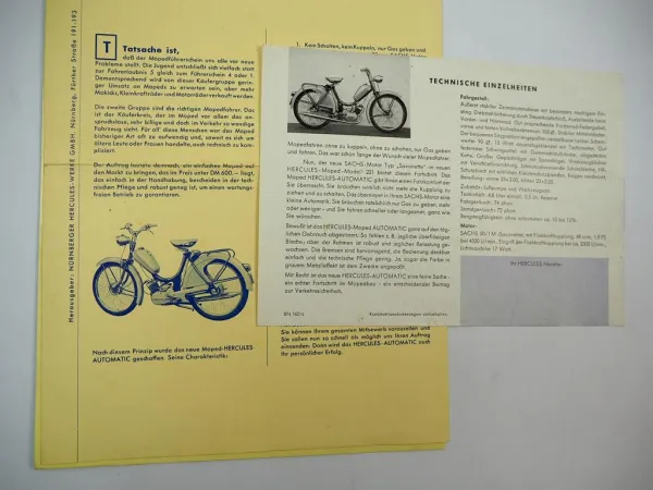 Hercules 221 Moped K100 K101 Motorrad 3x Prospekt 4x Produktinformation 1960er J.