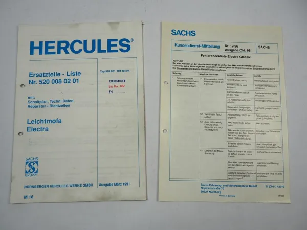 Hercules Electra Mofa Fahrrad mit Elektro Motor Ersatzteilliste 1991