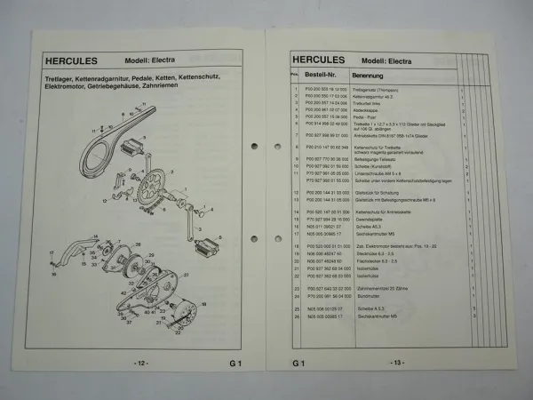 Hercules Electra Mofa Fahrrad mit Elektro Motor Ersatzteilliste 1991