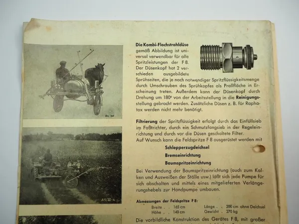Hering F8 Feldspritze Betriebsanleitung Ersatzteilliste Prospekt 1950/60er Jahre