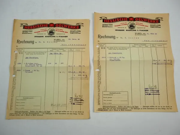 Hessische Oelwerke Eberling & Fischer Vilbel 2x Rechnung 1926