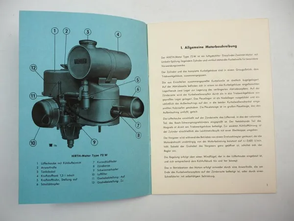 Hirth Motor 72W Einzylinder Betriebsanleitung Ersatzteilliste Garantiekarte 1957