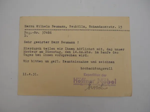 Höffner Möbel Berlin Ganzsache 1931