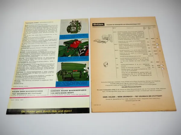 Holder B25 Allzweckschlepper Prospekt Technische Daten Preisliste 1971