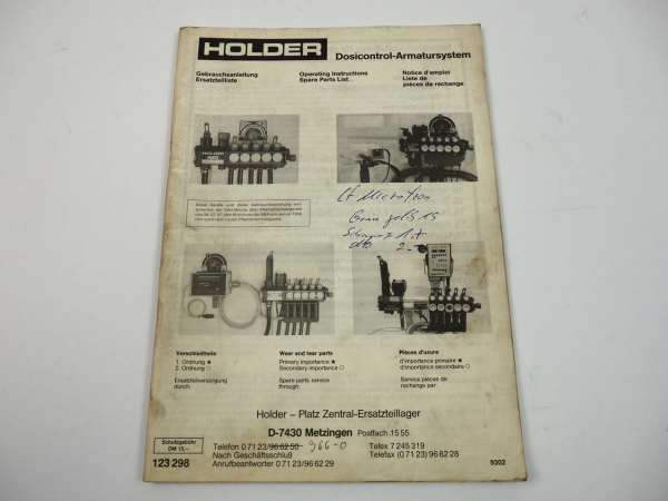 Holder DC205 Dosicontrol Armatursystem Betriebsanleitung Ersatzteilliste 1993