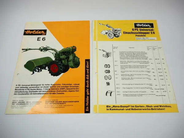 Holder E6 Einachsschlepper Prospekt Technische Daten Preisliste 1970/72