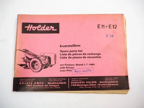 Holder E11 E12 E14 Einachsschlepper Ersatzteilliste Ersatzteilkatalog 1965/70