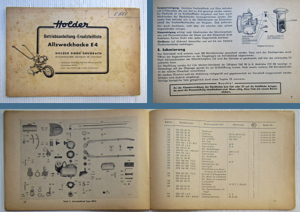 Holder E4 Allzweckhacke Betriebsanleitung Ersatzteilliste ca 1960
