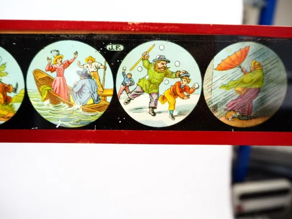 Holzkiste Bilder zu Laterna magica 12 Glasstreifen 1907 Johann Falk