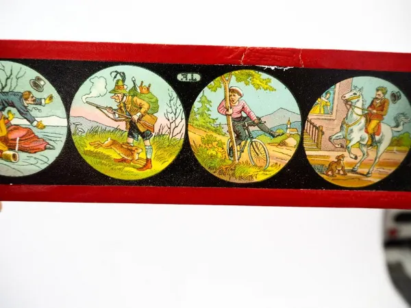 Holzkiste Bilder zu Laterna magica 12 Glasstreifen 1907 Johann Falk