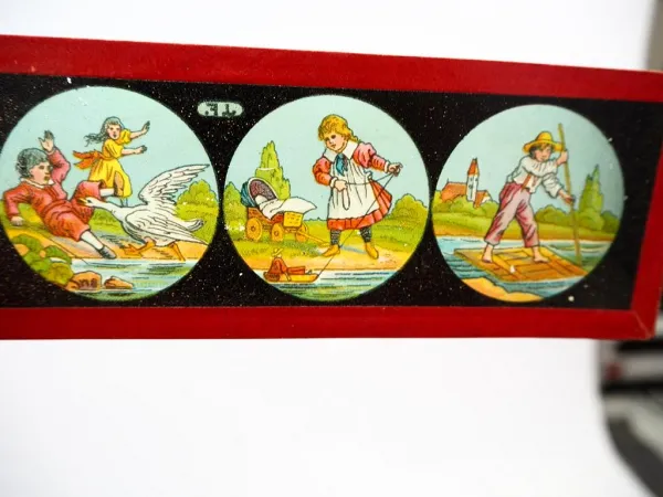 Holzkiste Bilder zu Laterna magica 12 Glasstreifen 1907 Johann Falk