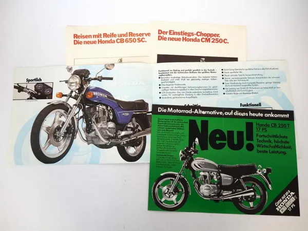 Honda CB250N CB250T CB400T CB650SC CM250C Motorrad 4x Prospekt 1970/80er Jahre
