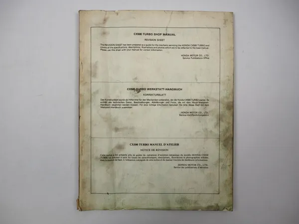 Honda CX500 Turbo Werkstatthandbuch Ergänzung Shop Repair Manual Revision