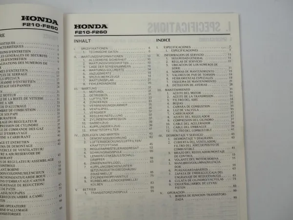 Honda F210 F260 Werkstatthandbuch Reparaturanleitung1984 + Nachtrag 1990/92