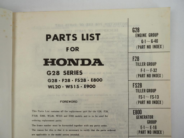 Honda G28 Series Engine F28 FS28 E800 WL20 WS15 Ersatzteilliste Parts List 1972