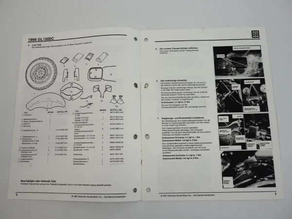 Honda GL1500C F6C Motorrad Montageanleitung Betriebsvorbereitung 1998
