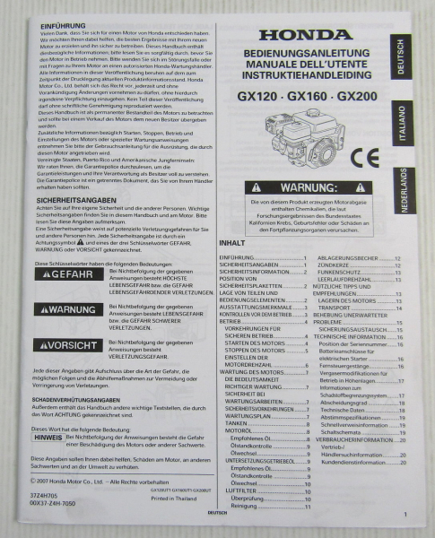 Honda GX 120 160 200 Motor Betriebsanleitung Instruktiehandleiding Manuale 2007