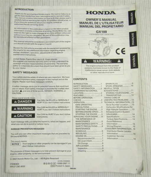 Honda GX100 engine for Rammer-Type Compactors Owners Manual Manuel Manual