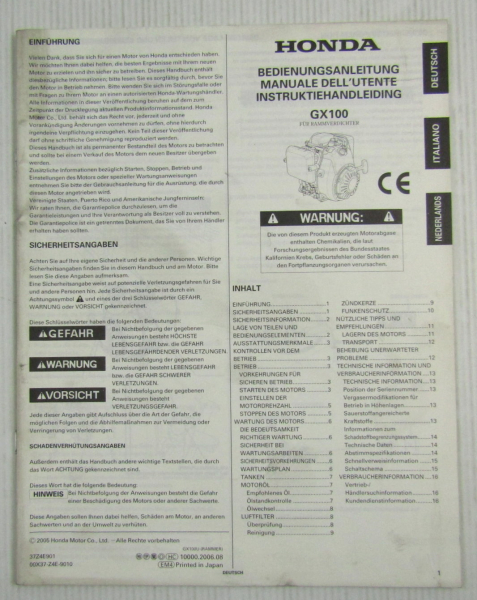 Honda GX100 Motor Betriebsanleitung Bedienung Instruktiehandleiding 2005