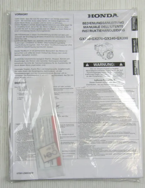 Honda GX240 270 340 390 Motor Bedienungsanleitung Manual Instruktiehandleiding