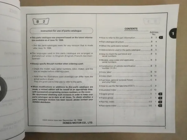 Honda VTR1000 F Parts Catalogue Ersatzteilkatalog 1998 Teilekatalog