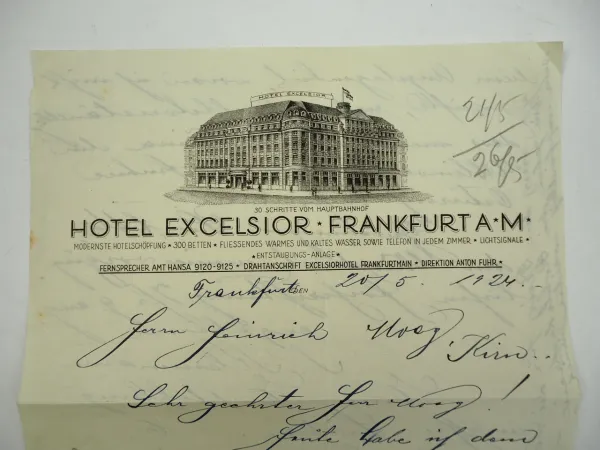 Hotel Excelsior Frankfurt Main Brief 1924