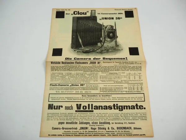 Hugo Stöcking & Co. Bodenbach Böhmen Kamera Fotoapparat Union Prospekt 1906