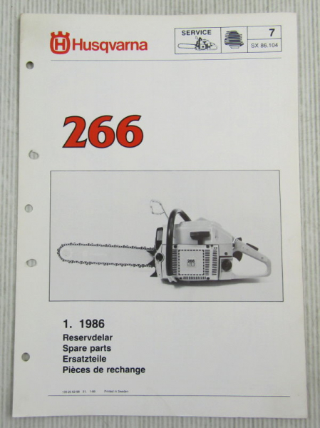 Husqvarna 266 Kettensäge Motorsäge Ersatzteilliste Bild-Katalog Parts List 1/86