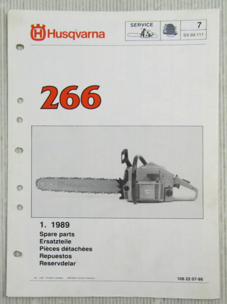 Husqvarna 266 Kettensäge Motorsäge Ersatzteilliste Bild-Katalog Parts List 1/89