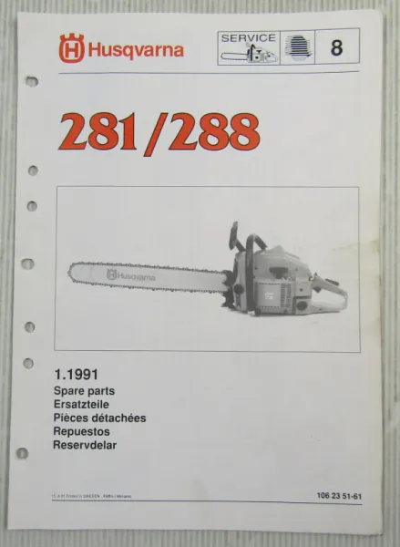 Husqvarna 281 288 Kettensäge Motorsäge Ersatzteil-Bildkatalog Parts List 1/91
