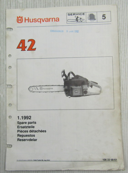Husqvarna 42 Kettensäge Motorsäge Ersatzteilbild-Katalog Parts List 1/1992