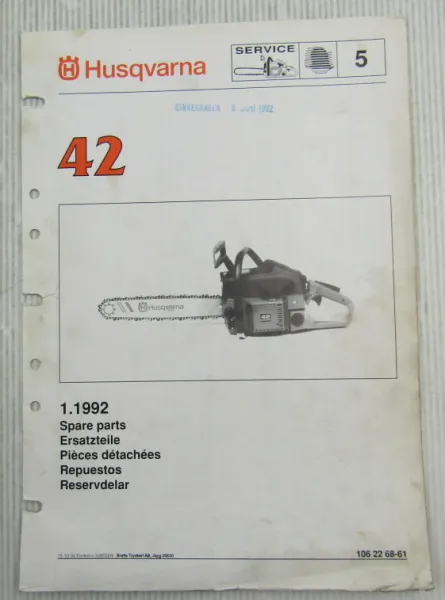 Husqvarna 42 Kettensäge Motorsäge Ersatzteilbild-Katalog Parts List 1/1992