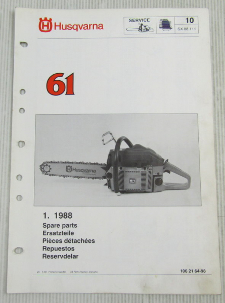 Husqvarna 61 Kettensäge Motorsäge Ersatzteilbild-Katalog Parts List 1/1988