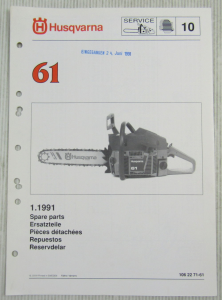 Husqvarna 61 Kettensäge Motorsäge Ersatzteilbild-Katalog Parts List 1/1991
