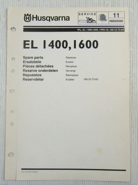 Husqvarna EL 1400 1600 Kettensäge Motorsäge Ersatzteilbild-Katalog Parts List 98