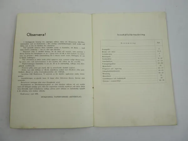 Husqvarna Lättviktsmotorcykel Motorfahrrad Delar Tillbehör Ersatzteilliste 1939