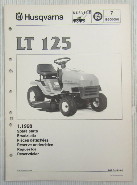 Husqvarna LT125 Lawn Tractor Mower Spare Parts List Catalog 01/1998