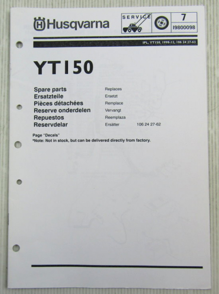 Husqvarna YT150 mowing machine Spare Parts List Catalog 12/1998