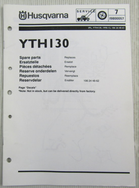 Husqvarna YTH130 Lawn and Garden Tractor Spare Parts List Catalog 12/1998