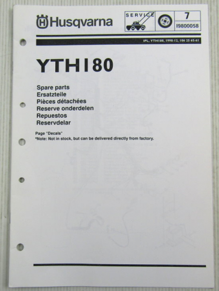Husqvarna YTHI 180 Lawn and Garden Tractor Spare Parts List Catalog 12/1998